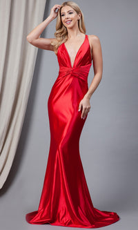 Twist-Waist Deep V-Neck Long Prom Dress 5039