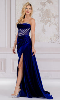 Sheer-Waist Strapless Long Velvet Prom Dress 5051