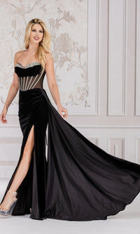 Sheer-Waist Strapless Long Velvet Prom Dress 5051