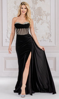 Sheer-Waist Strapless Long Velvet Prom Dress 5051