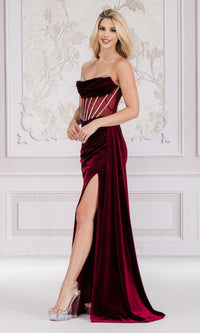 Sheer-Waist Strapless Long Velvet Prom Dress 5051