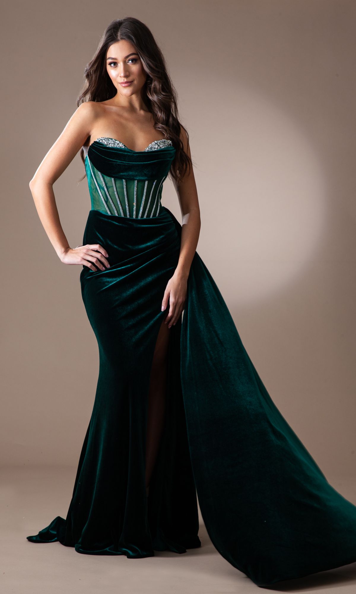 Sheer-Waist Strapless Long Velvet Prom Dress 5051