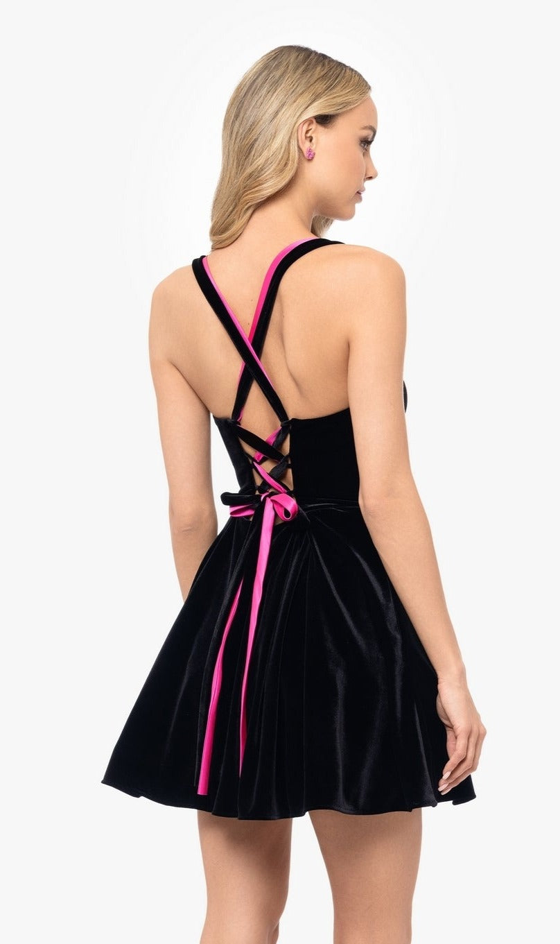 Pink-Ribbon Short Black Velvet Hoco Dress 5177BN