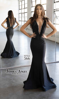 Feather-Trimmed Long Formal Dress: Jessica Angel 566