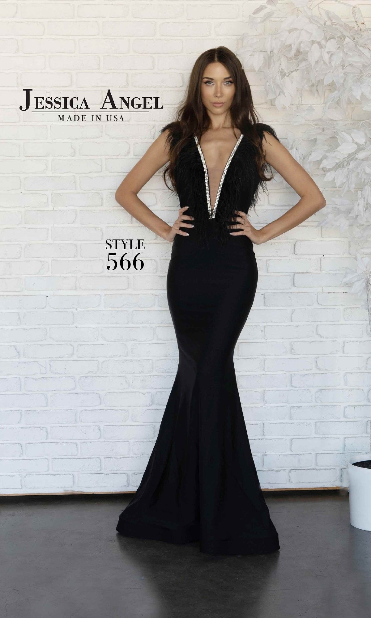 Feather-Trimmed Long Formal Dress: Jessica Angel 566