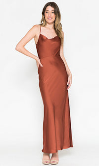 Cowl-Neck Simple Tea-Length Satin Dress 6115