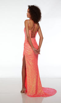 Alyce Hot Coral Long Sequin Prom Dress 61544