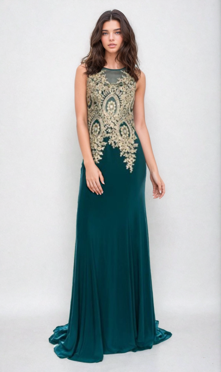 Gold-Embroidered Long Prom Dress: Chicas C4233