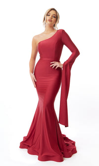 Drape One Long-Sleeve Long Prom Dress: Atria 6545H