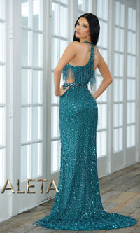 Low V-Neck Sequin Fringe Formal Gown 662