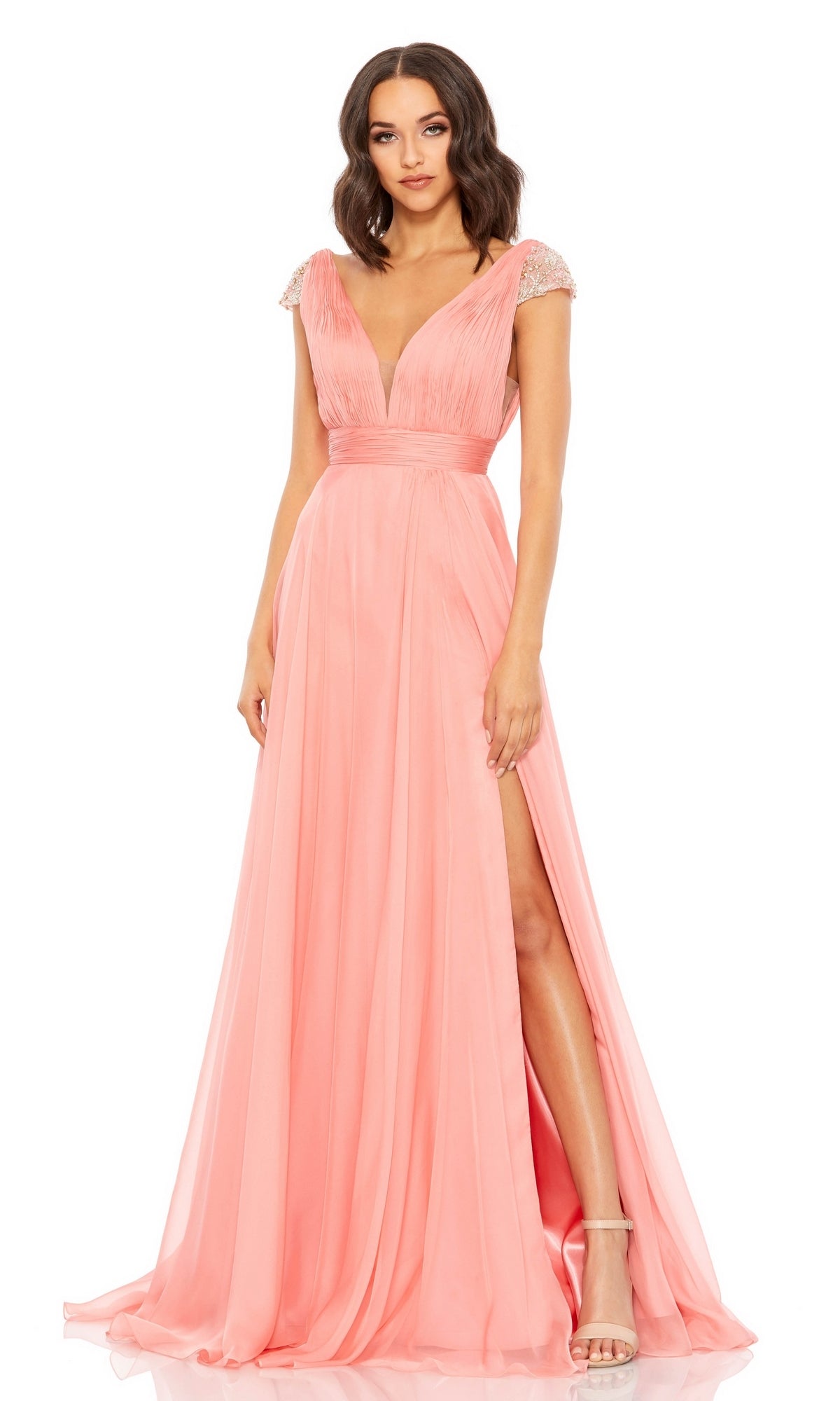 Coral Pink Cap Sleeve Long Prom Gown 67811