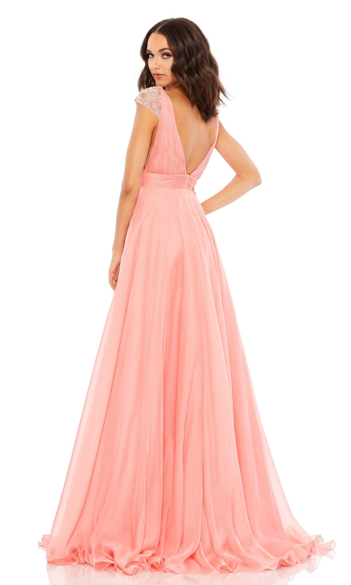 Coral Pink Cap Sleeve Long Prom Gown 67811