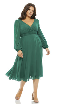 Plus Long-Sleeve Short Green Party Dress 67914