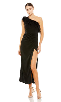 Feathered One-Shoulder Black Midi Party Dress 68147