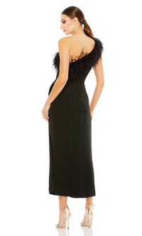 Feathered One-Shoulder Black Midi Party Dress 68147