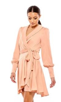 Long Sleeve Short Pink Wrap Party Dress 70135