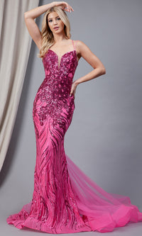 Sequin-Print Long Prom Dress 7021 with Tulle Train