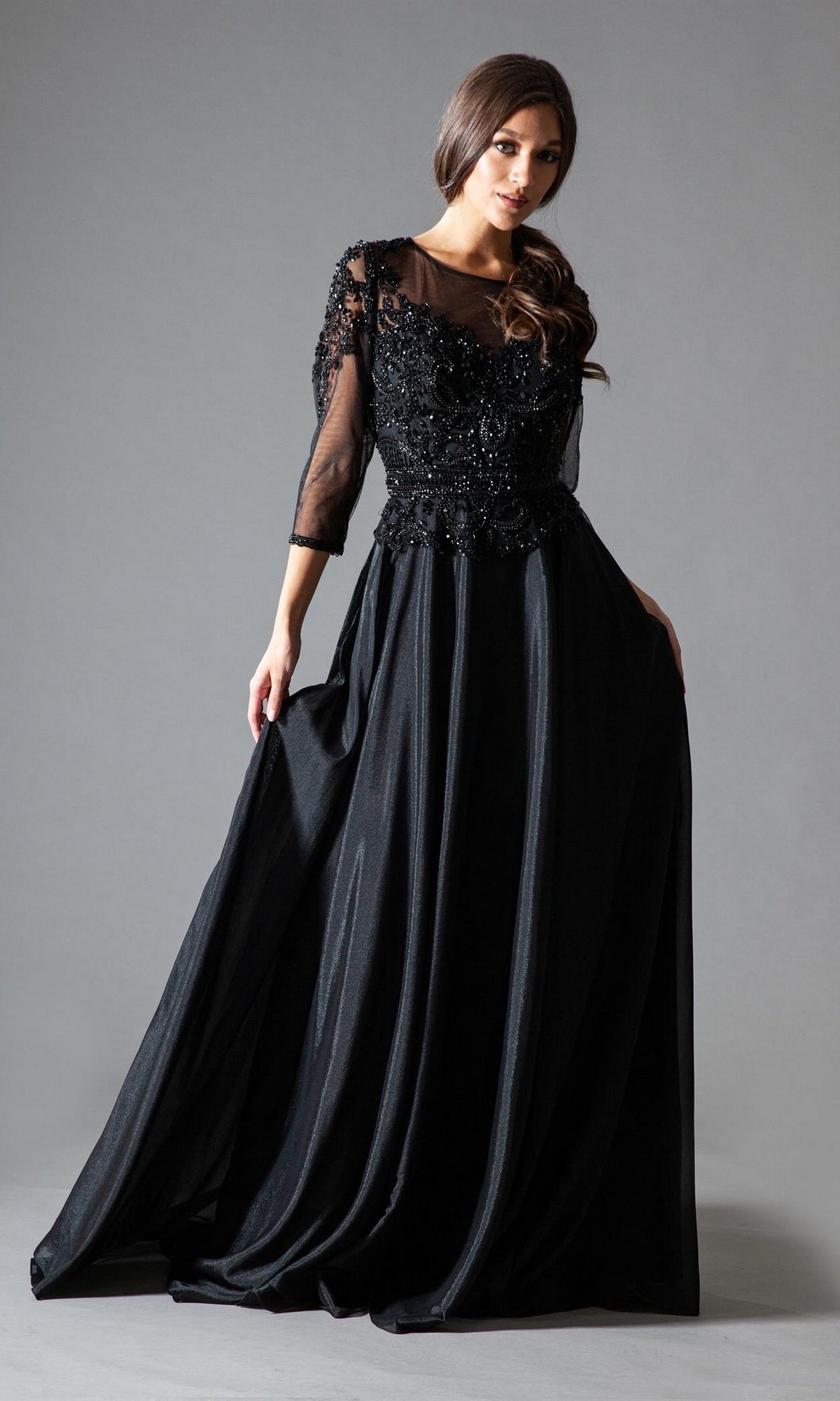 Long-Sleeve Modest Long Formal Dress with Beads