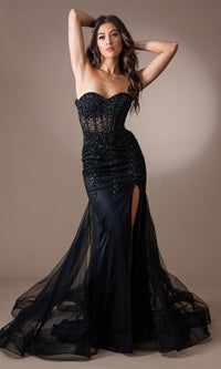 Strapless Long Beaded Sheer-Bodice Prom Dress 7051