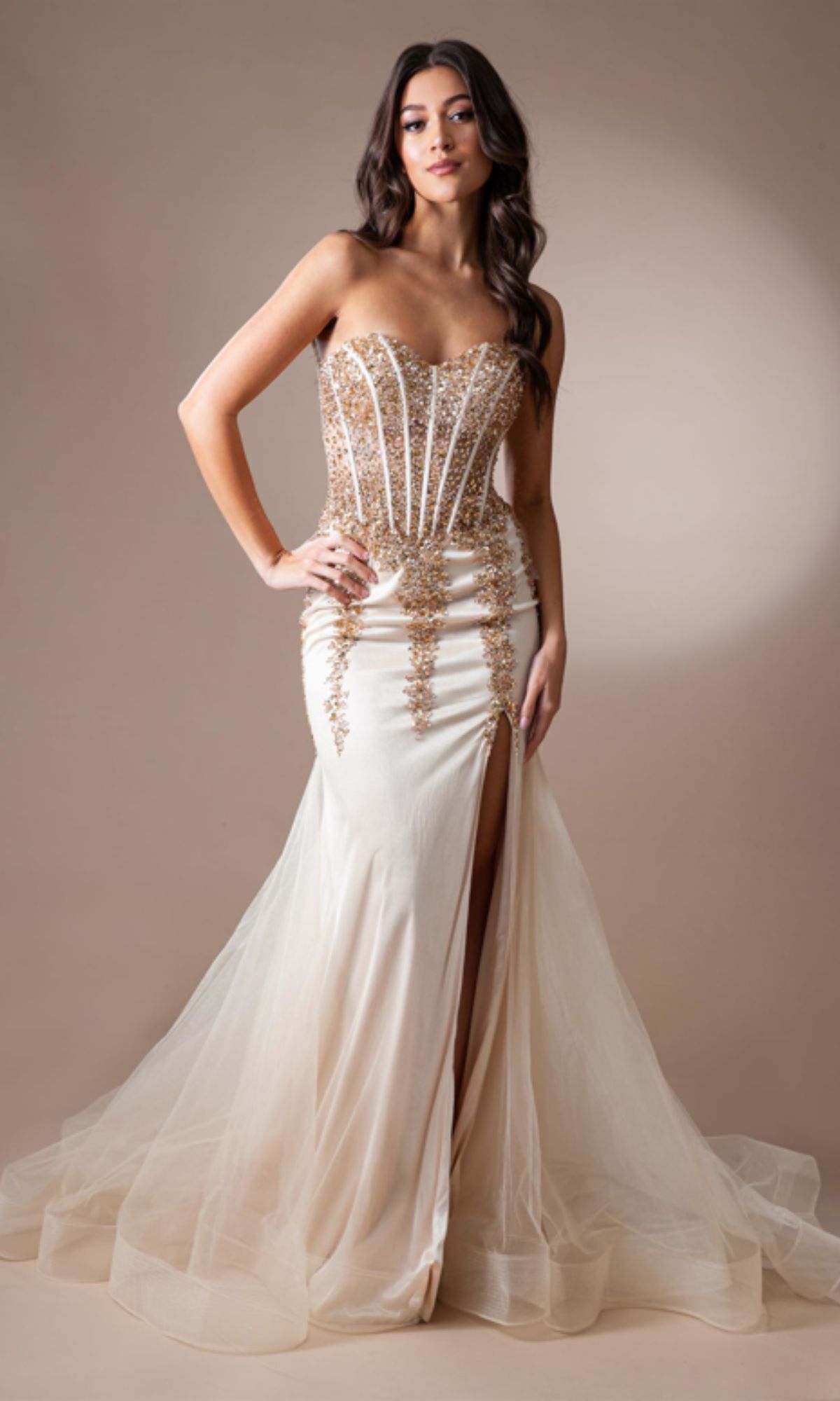 Strapless Long Beaded Sheer-Bodice Prom Dress 7051