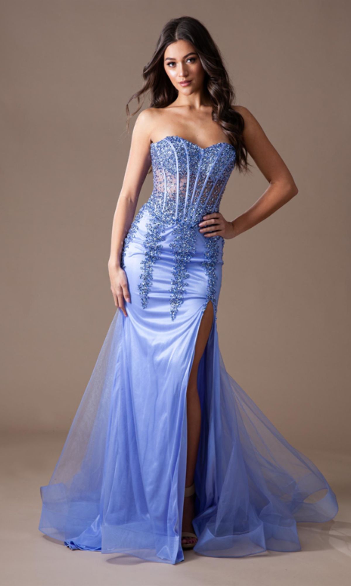 Strapless Long Beaded Sheer-Bodice Prom Dress 7051