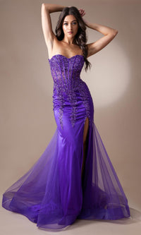 Strapless Long Beaded Sheer-Bodice Prom Dress 7051