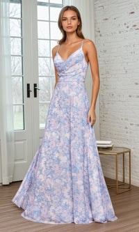 Floral-Print Long A-Line Prom Dress: Ladivine 7444