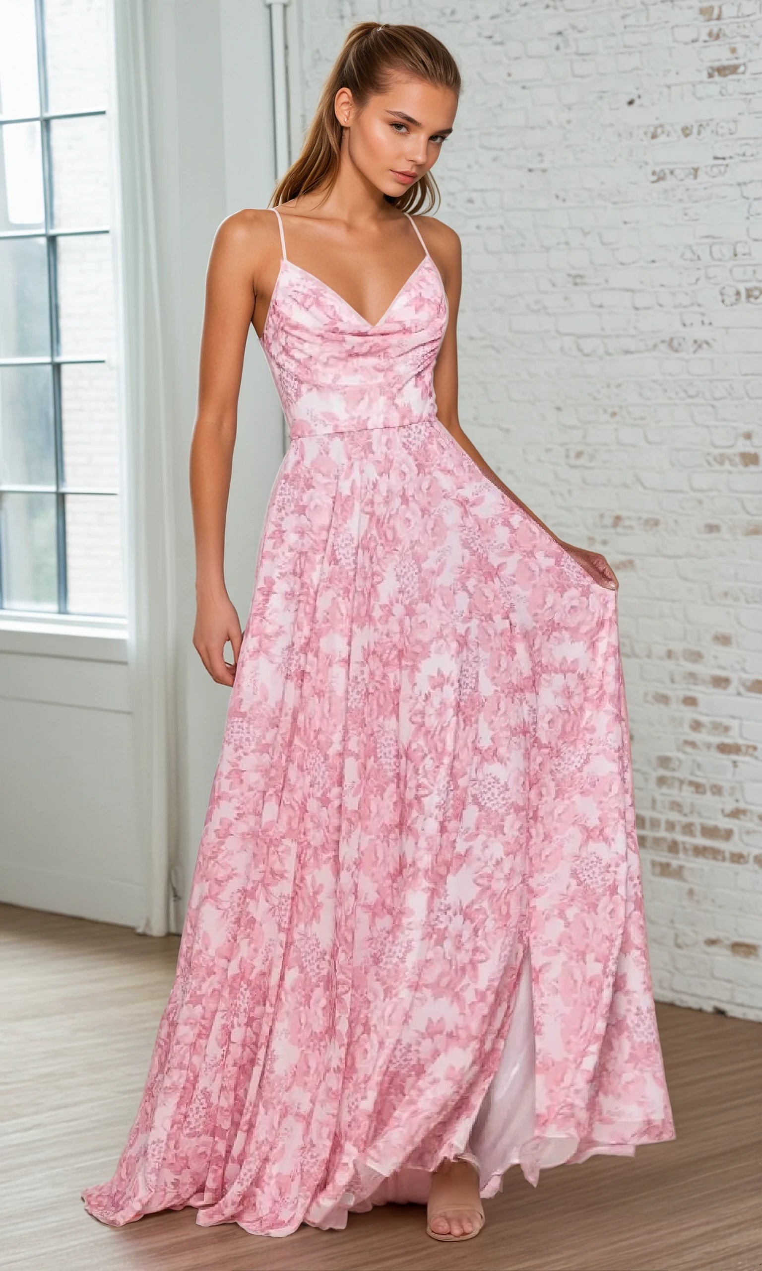 Floral-Print Long A-Line Prom Dress: Ladivine 7444