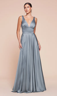 A-Line V-Neck Classic Long Satin Prom Dress