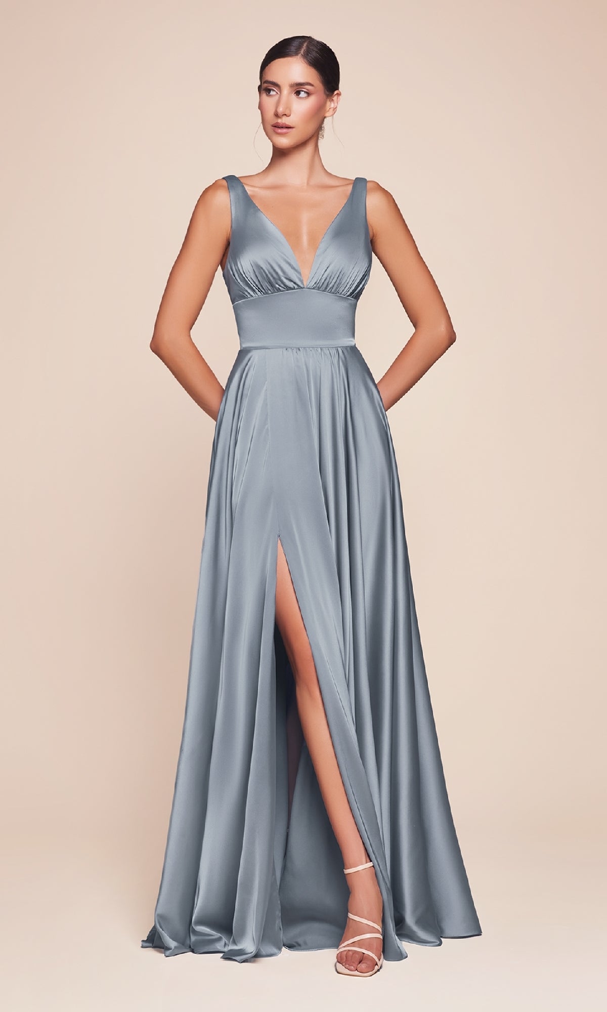 A-Line V-Neck Classic Long Satin Prom Dress