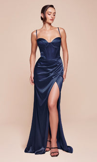 Long Satin Prom Dress with Slit: Ladivine 7495-1