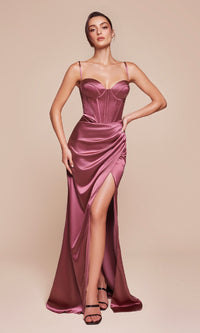 Long Satin Prom Dress with Slit: Ladivine 7495-1