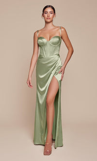 Long Satin Prom Dress with Slit: Ladivine 7495-1