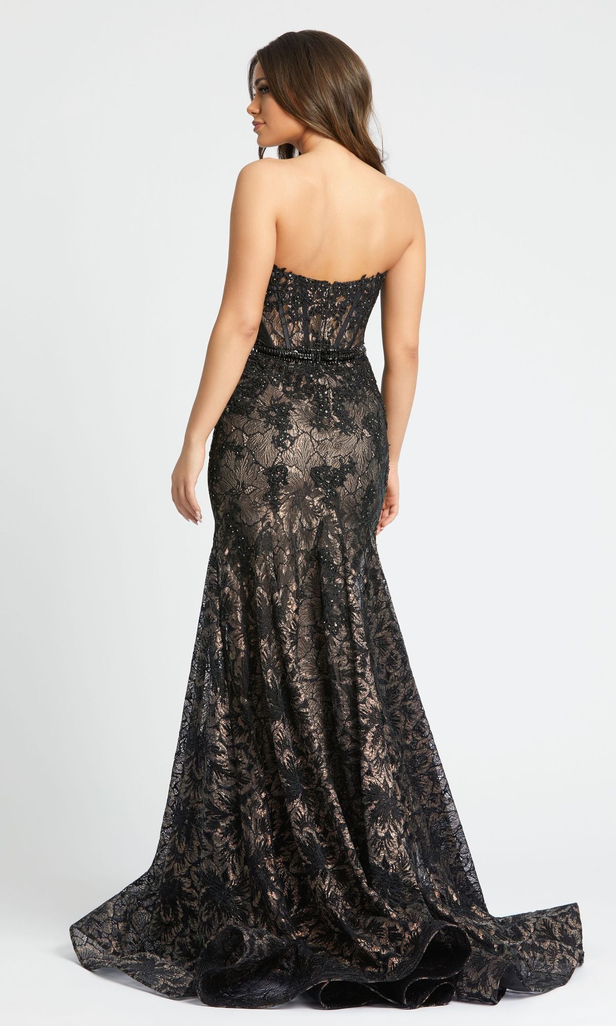 Strapless Black Lace Prom Gown: Mac Duggal 79308