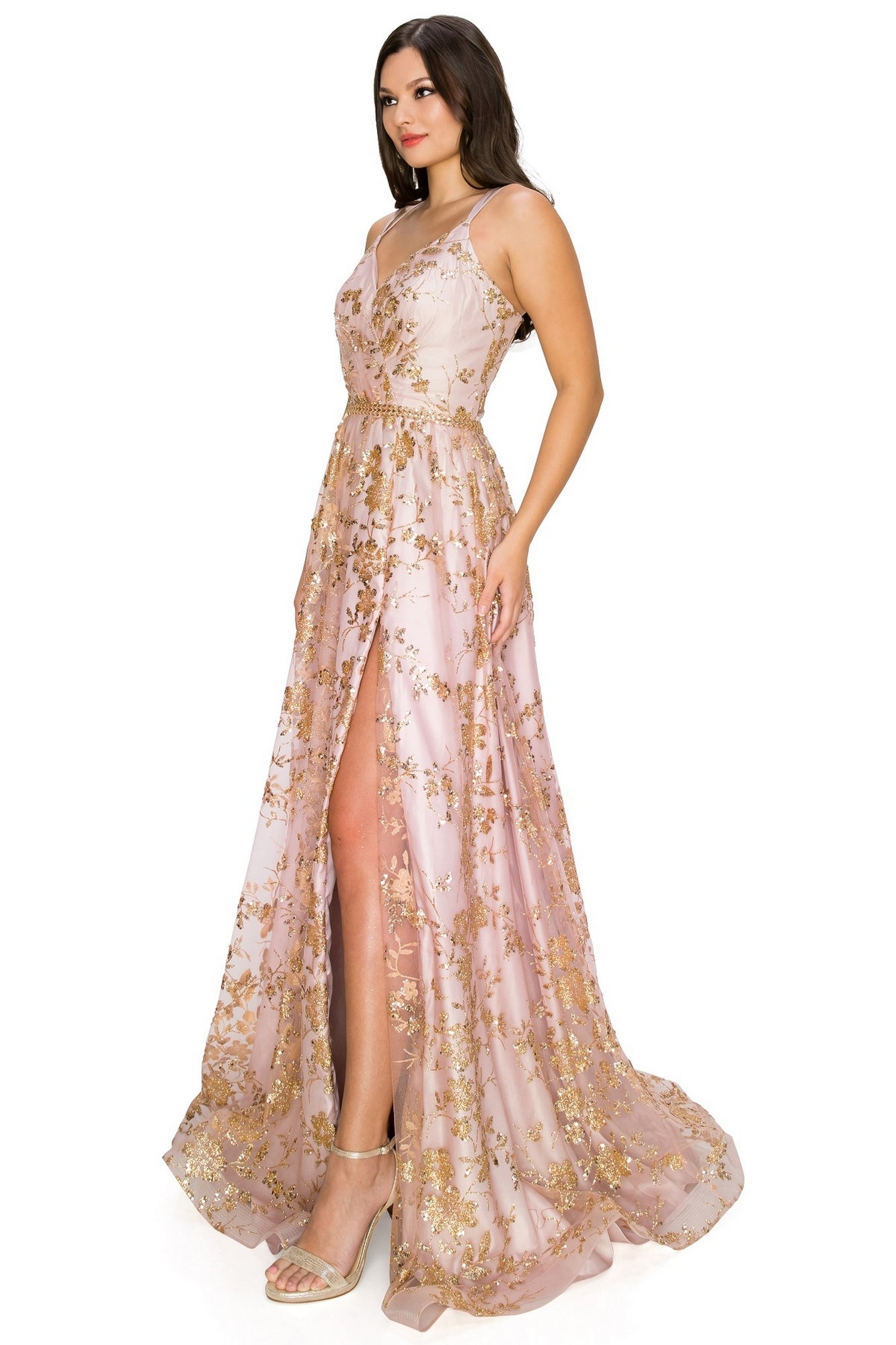 Floral-Glitter Long A-Line Formal Prom Dress 8022J