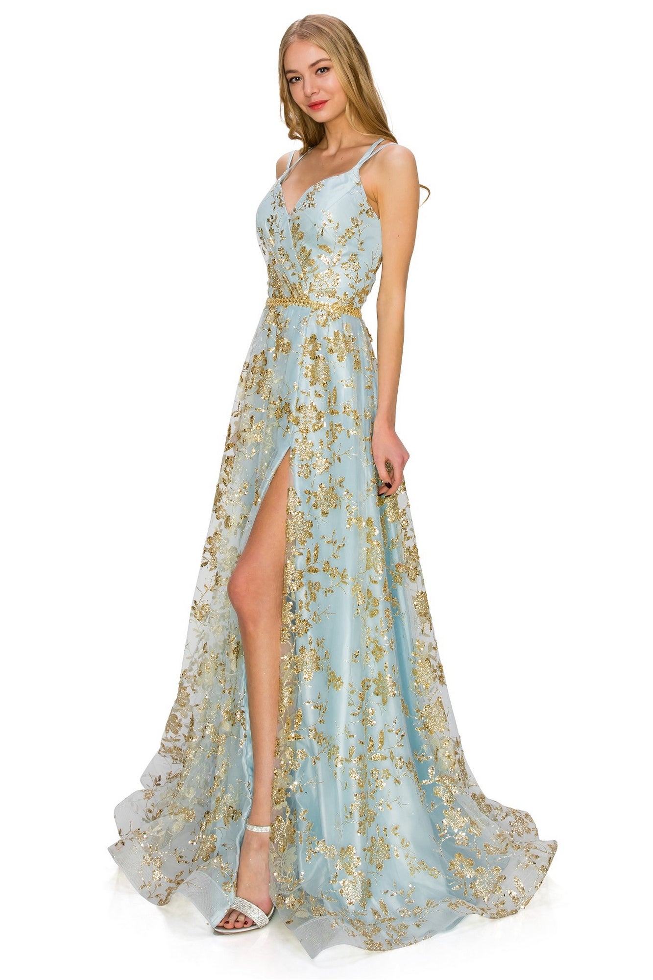 Floral-Glitter Long A-Line Formal Prom Dress 8022J