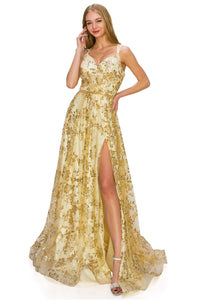 Floral-Glitter Long A-Line Formal Prom Dress 8022J