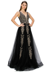 A-Line Gold-Embroidered Long Prom Ball Gown 8029J