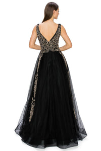 A-Line Gold-Embroidered Long Prom Ball Gown 8029J