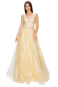 A-Line Gold-Embroidered Long Prom Ball Gown 8029J