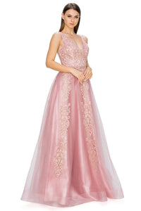 A-Line Gold-Embroidered Long Prom Ball Gown 8029J