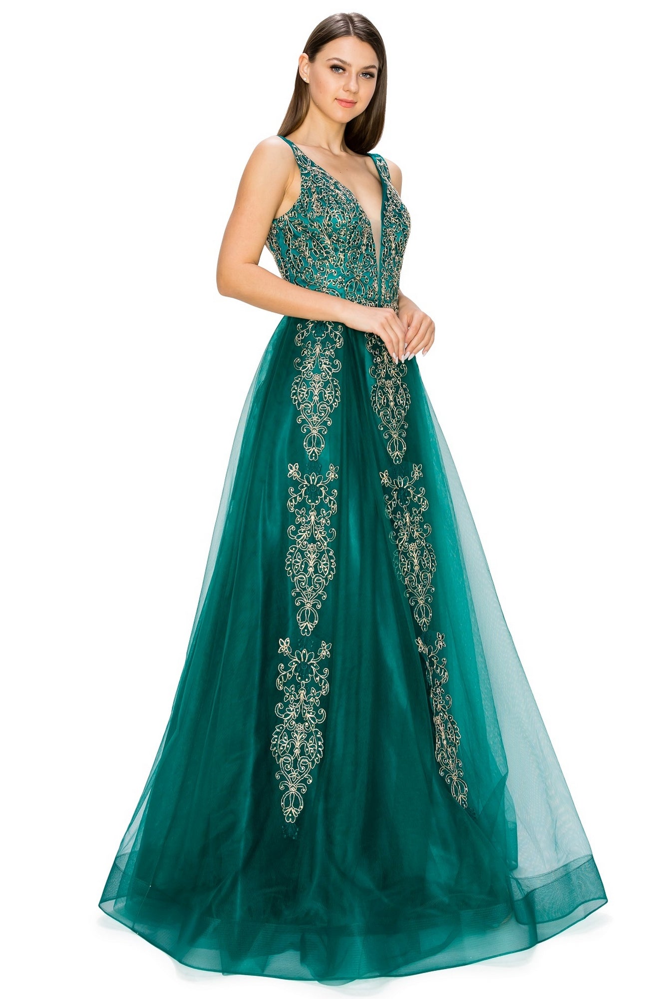 A-Line Gold-Embroidered Long Prom Ball Gown 8029J