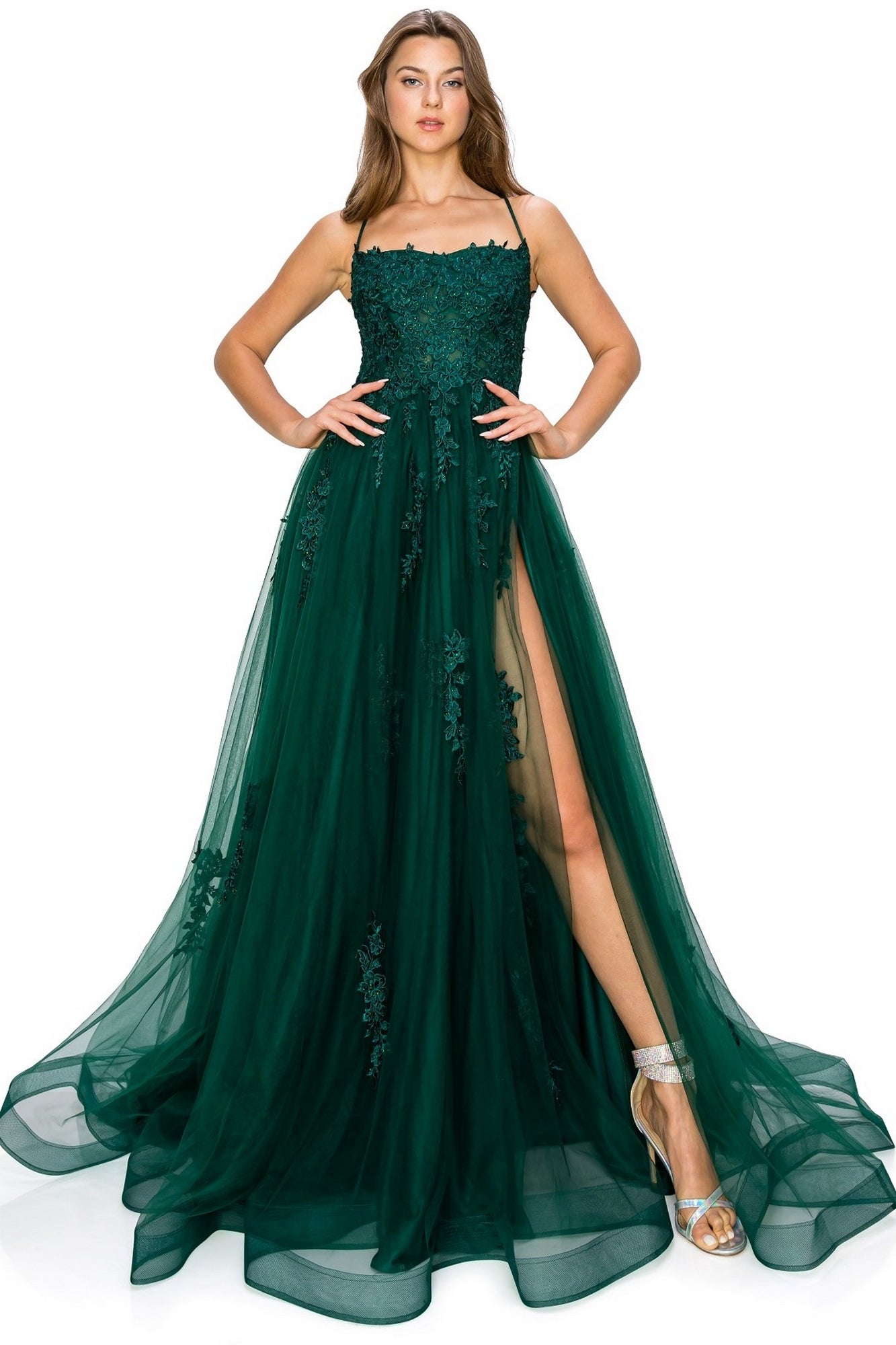 Floral-Embroidered Long Tulle Prom Dress 8031J