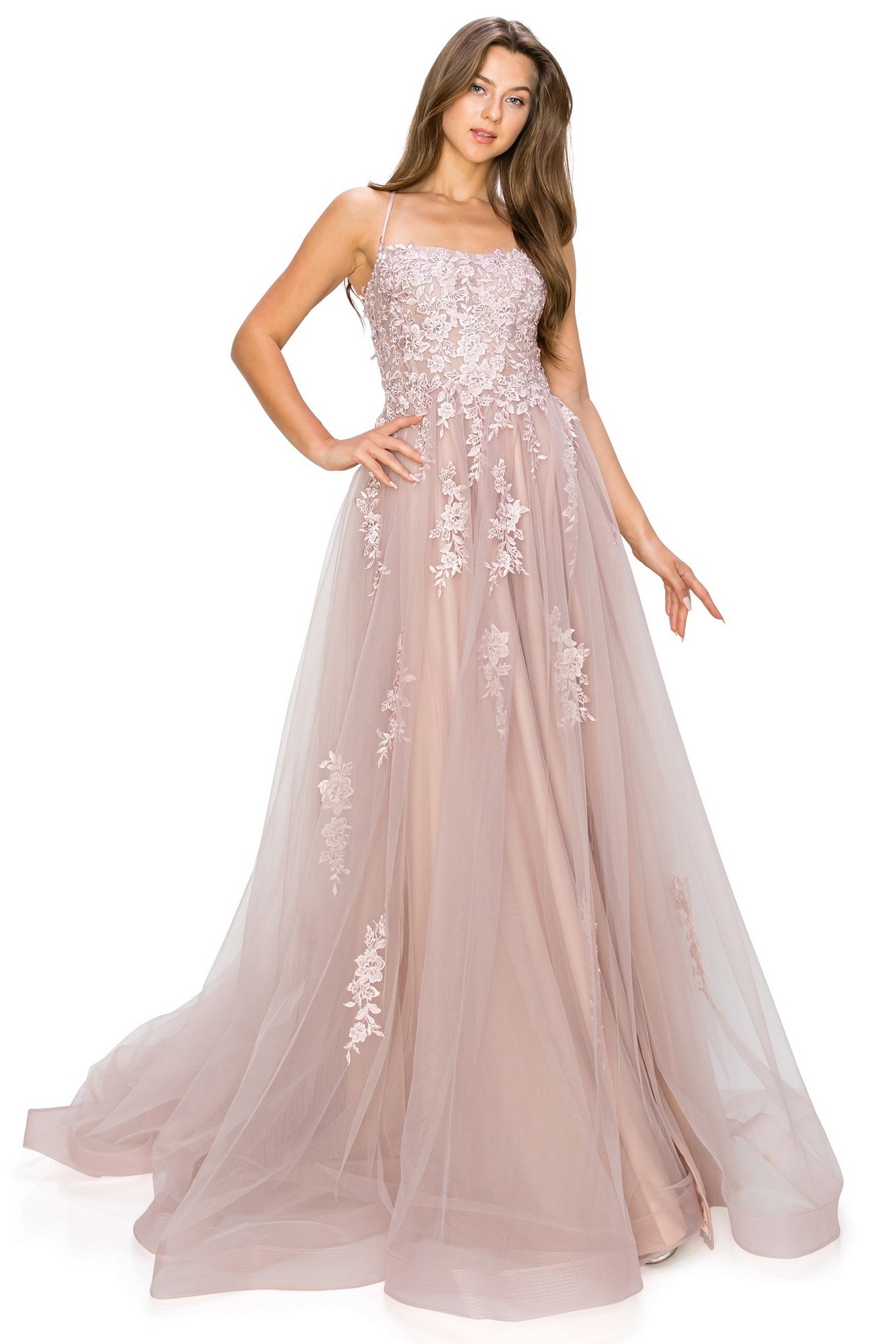 Floral-Embroidered Long Tulle Prom Dress 8031J