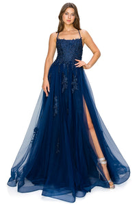 Floral-Embroidered Long Tulle Prom Dress 8031J