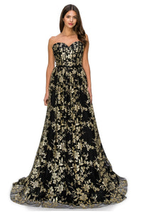 Glitter-Floral Long Strapless Prom Dress 8043J