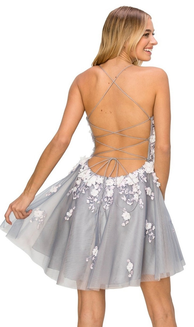 Backless Sheer-Waist Floral Homecoming Dress 8053J