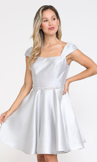 Cap-Sleeve Short Homecoming Dress with Pockets 8416