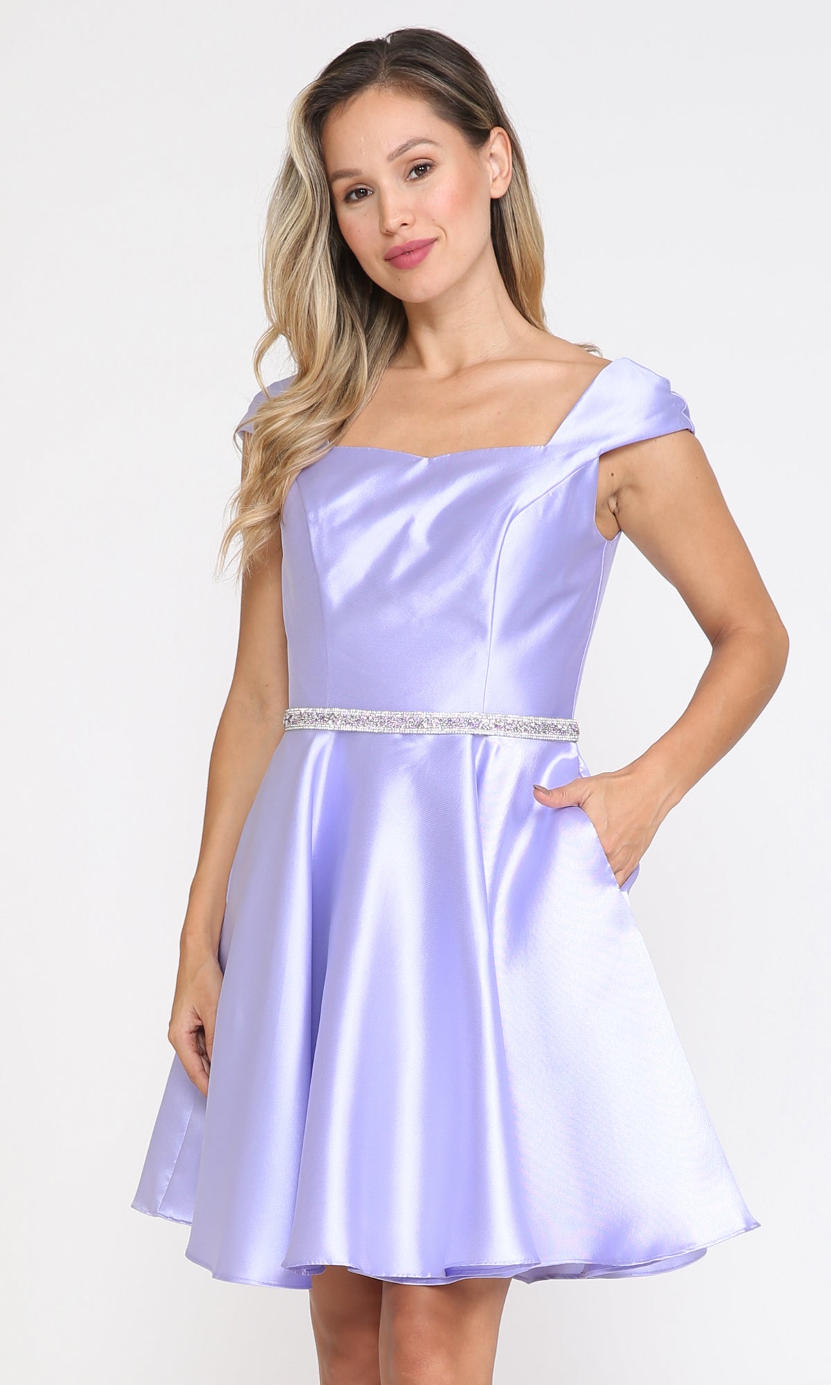 Cap-Sleeve Short Homecoming Dress with Pockets 8416