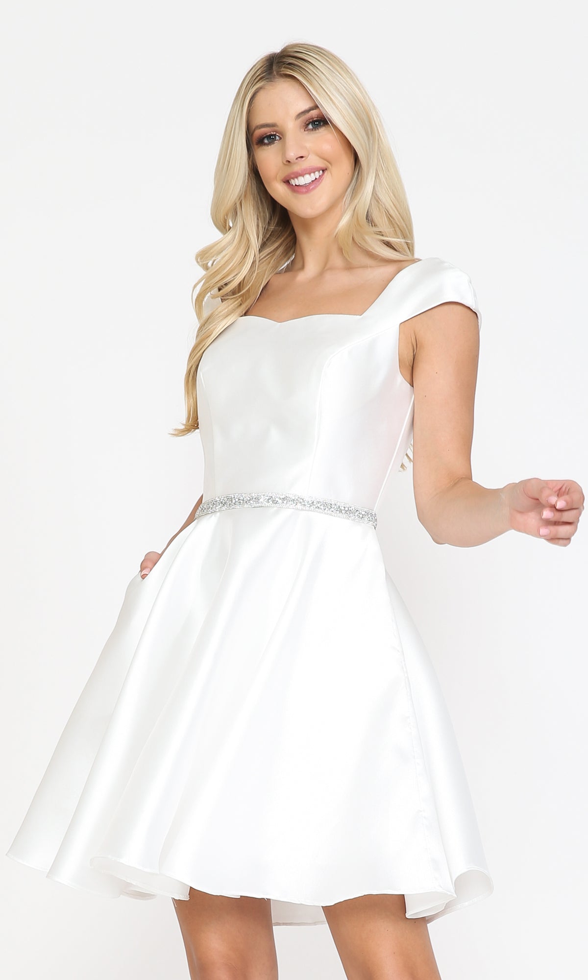 Cap-Sleeve Short Homecoming Dress with Pockets 8416